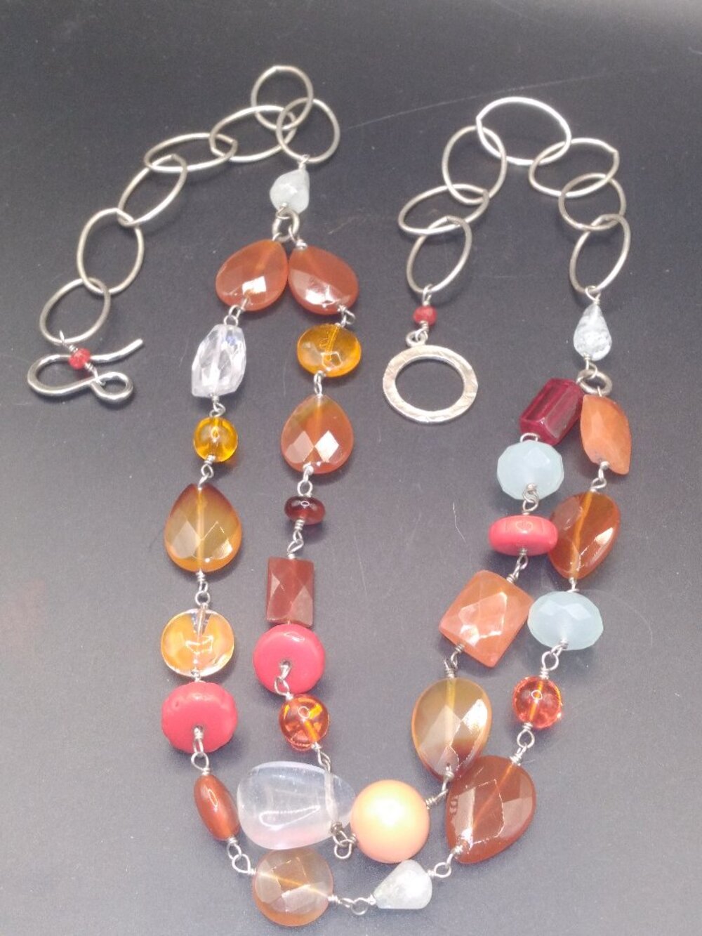 Sterling 925 Silver Necklace with Opal,Orange Color Glass Beads Stones